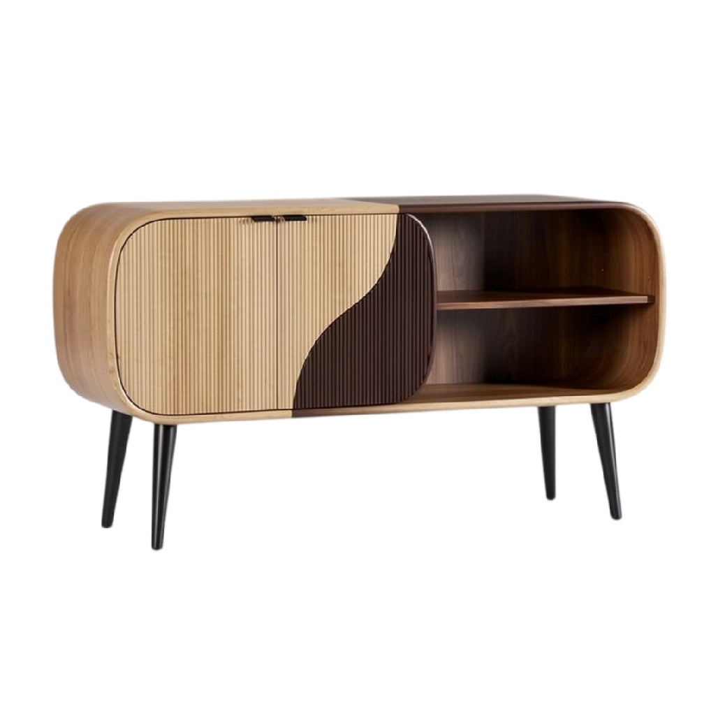 **Technische Titel in het Nederlands: Moderne houten TV-kast met strakke lijnen en contrastkleuren**
